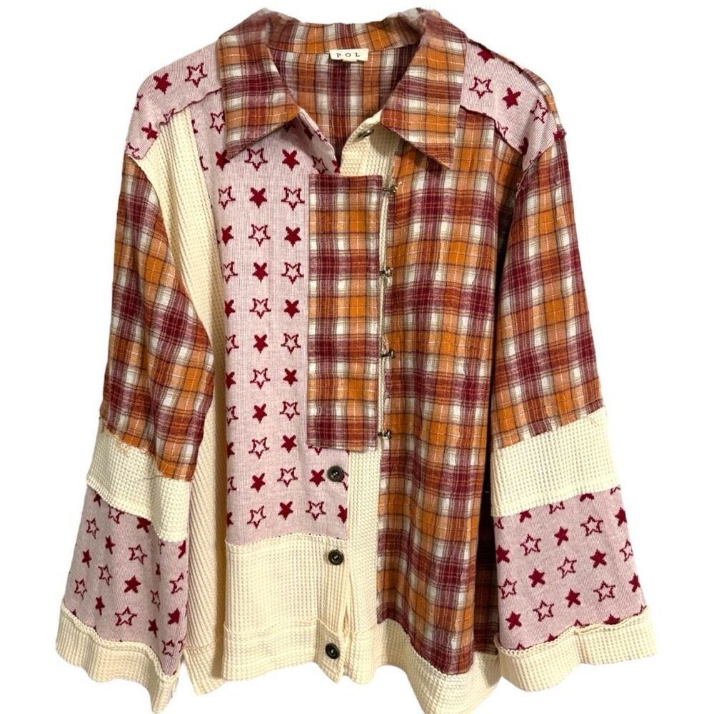 POL Patchwork Shacket Boho Plaid & Star Contrast Long Sleeve Jacket Large NEW - Picture 5 of 10